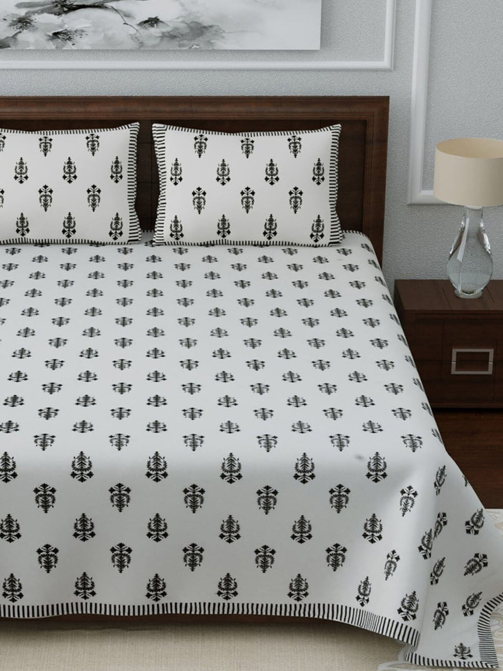LIVING ROOTS White & Grey Ethnic Motifs 210 TC King Bedsheet with 2 Pillow Covers | Grocsy