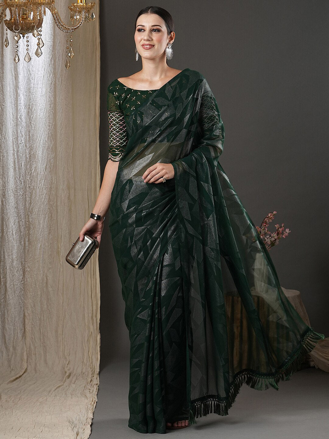 Saree Mall Green Abstract Printed Pure Georgette Saree | Grocsy