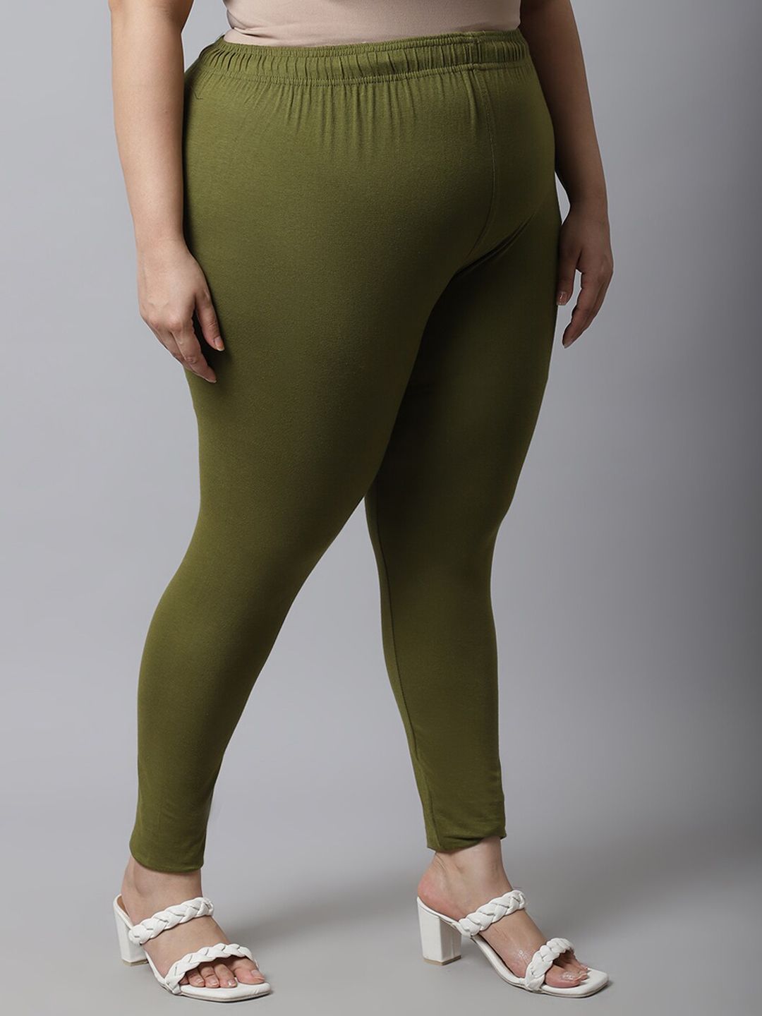TAG 7 Women Plus Size Olive Green Solid Ankle-Length Plus Size Leggings | Grocsy