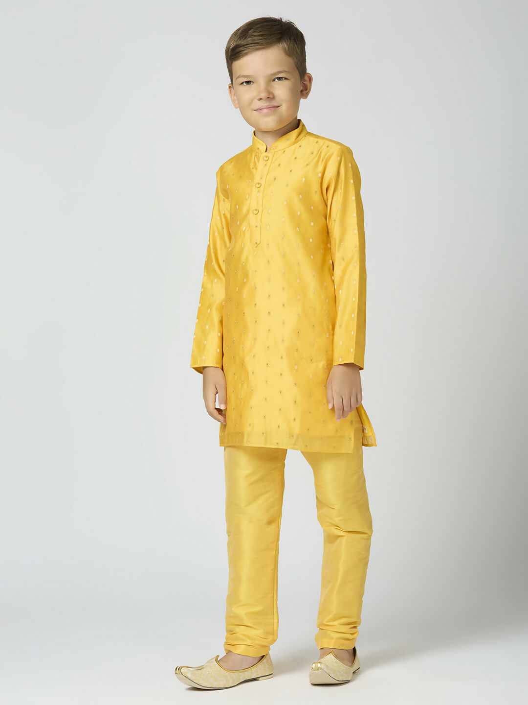 Joban Fashion Kids Island Full Sleeves Chanderi Kurta, Pyjama Set with Traditional Butta Work - Yellow | Grocsy