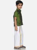 Sethukrishna Olive Green & White Solid Shirt and Veshti For Boys | Grocsy