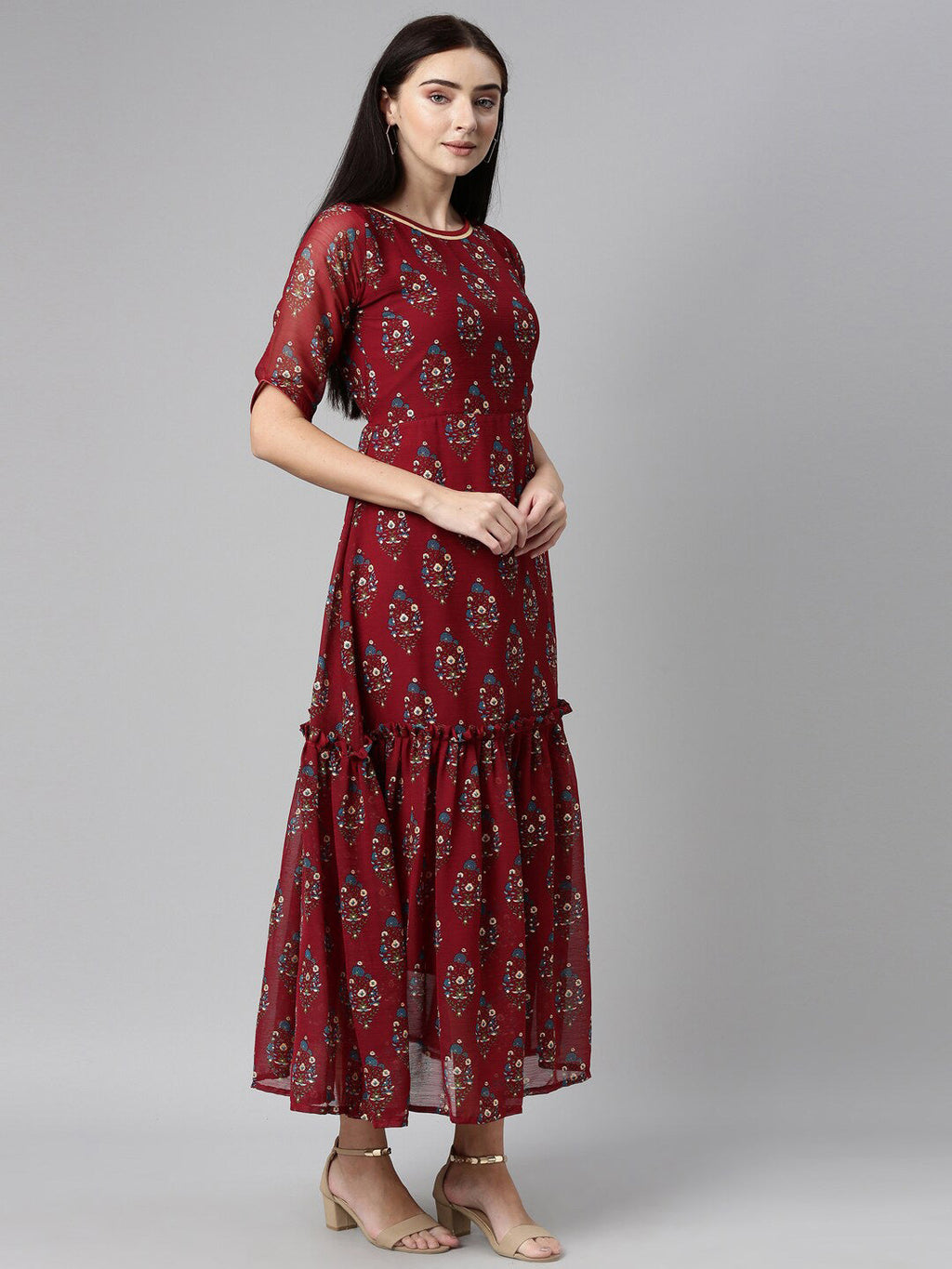 Souchii Floral Printed Boat Neck Chiffon Maxi Dress | Grocsy