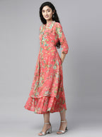 Souchii Pink & Green Floral Layered A-Line Midi Dress | Grocsy