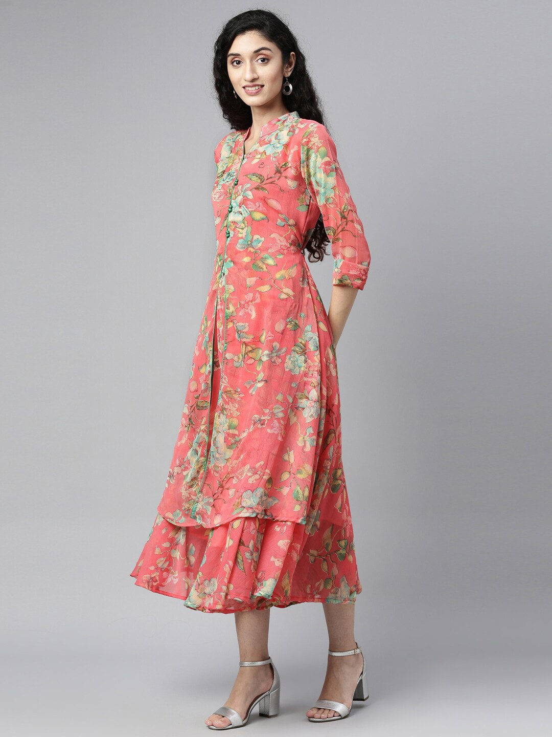 Souchii Pink & Green Floral Layered A-Line Midi Dress | Grocsy