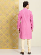 House of Pataudi Men Pure Cotton Self Striped Embroidered Thread Work Jashn Kurta | Grocsy