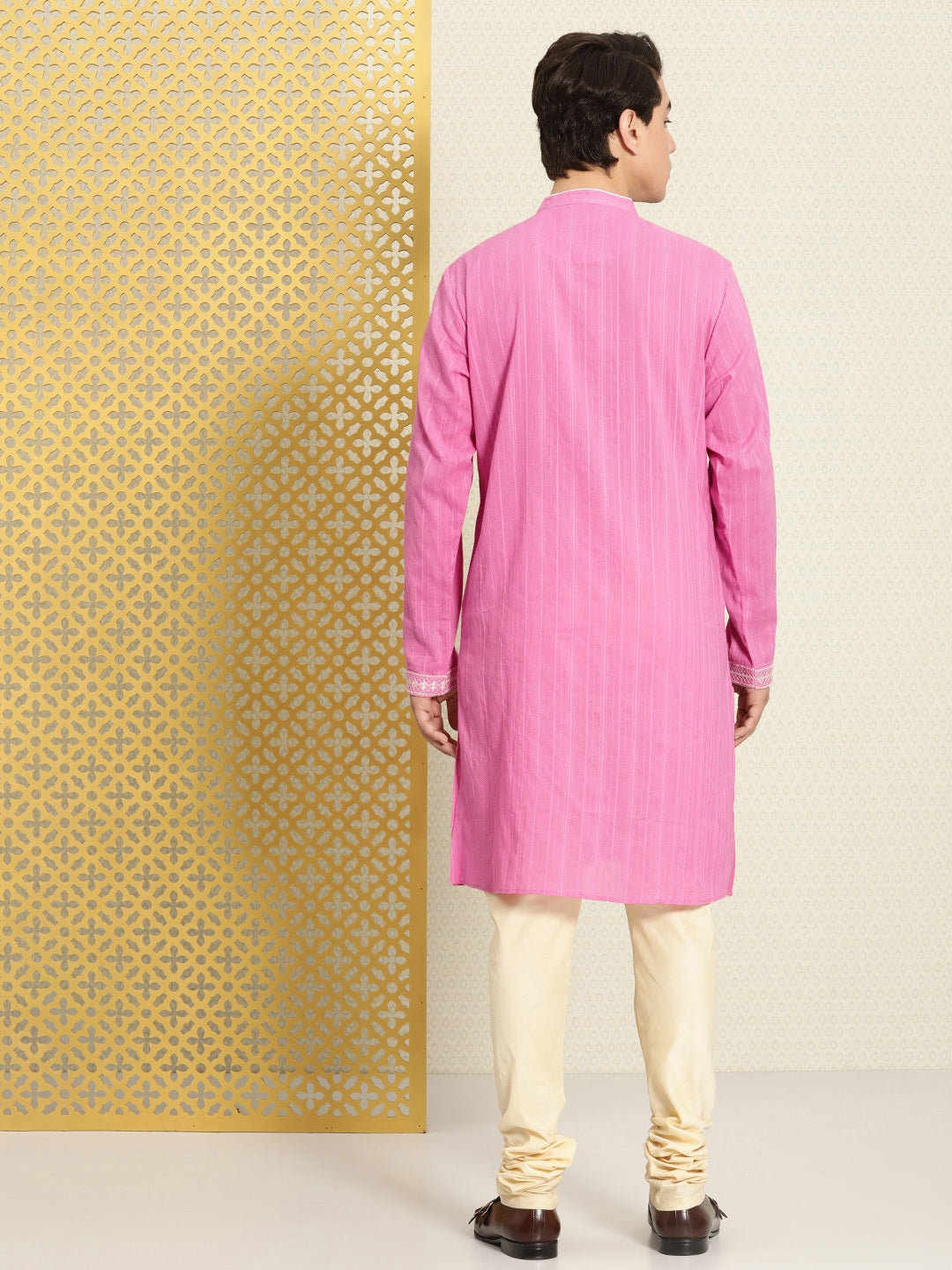 House of Pataudi Men Pure Cotton Self Striped Embroidered Thread Work Jashn Kurta | Grocsy