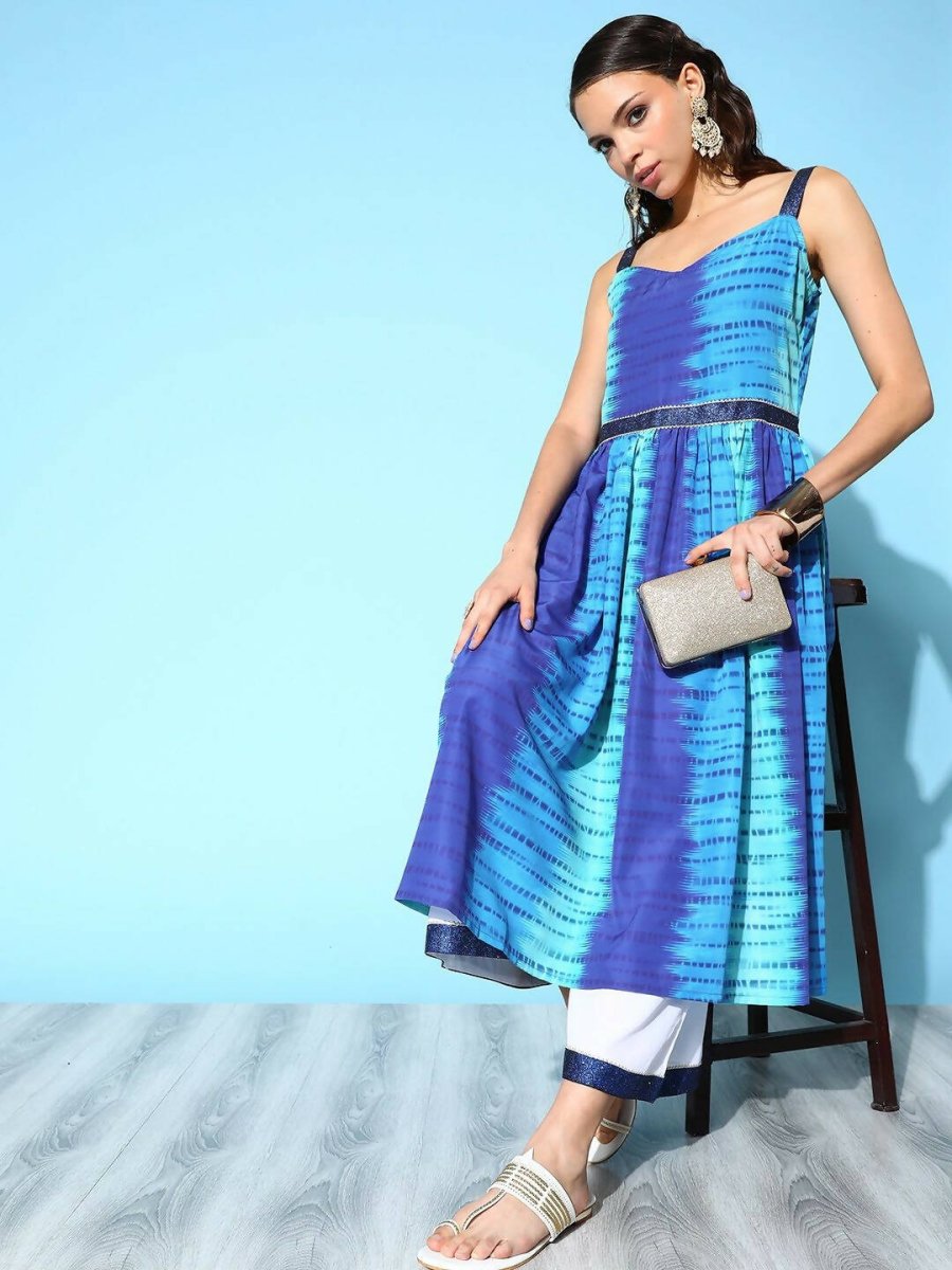 Ahalyaa Women's Royal Blue Crepe Digital Printed Kurta Palazzo Set | Grocsy