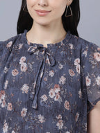 Myshka Women Charcoal Grey Peach-Coloured Floral Print Tie-Up Neck Georgette Top | Grocsy