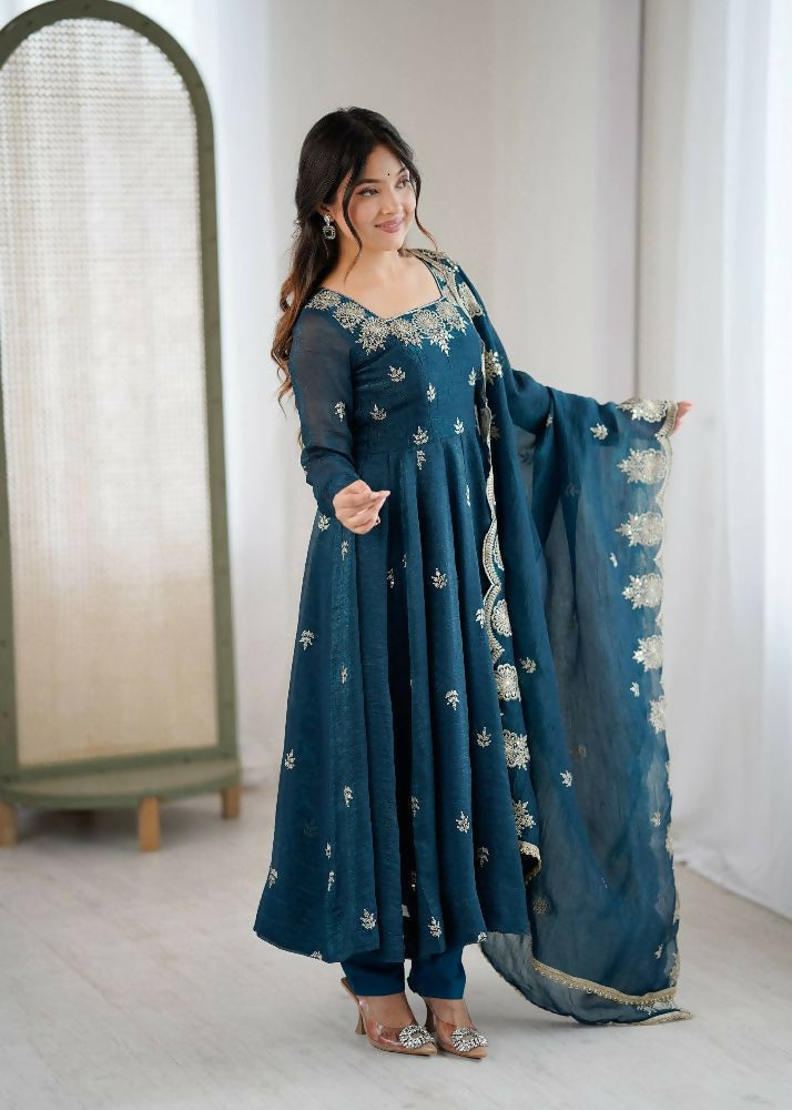 Teeya Creation Morepeach Color Crunchy Silk Embroidery Work Wedding Wear Gown | Grocsy