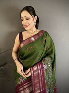 Prime Volt Premium Viscose Silk Kalamkari Saree with Peacock Zari Border & Bandhani Blouse-Green | Grocsy