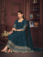 Jyoti Fashion Women's Rama Georgette Embroidered Anarkali Kurta Pant Set With Dupatta | Grocsy