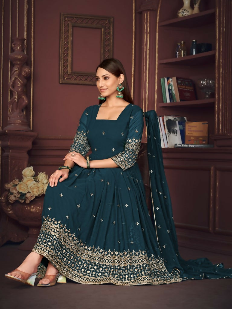 Jyoti Fashion Women's Rama Georgette Embroidered Anarkali Kurta Pant Set With Dupatta | Grocsy