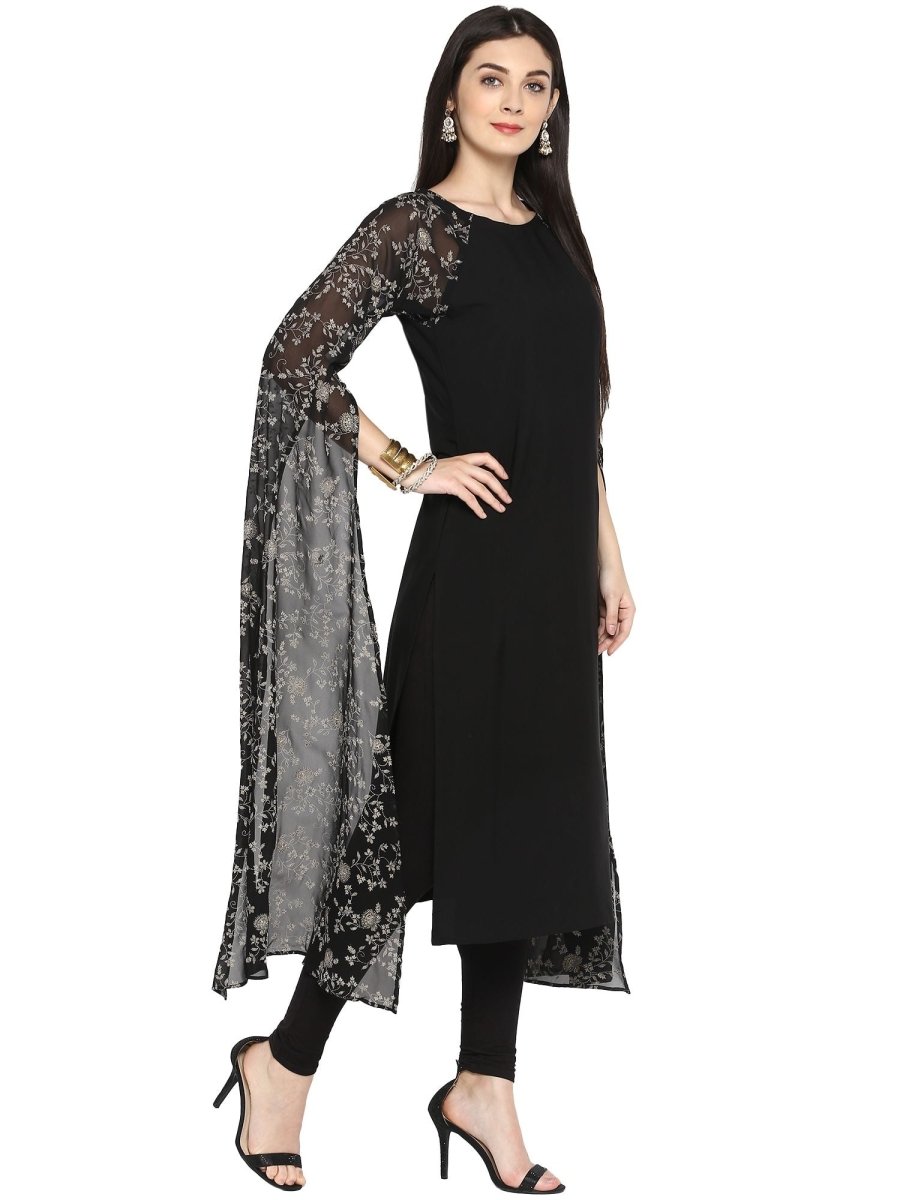 Ahalyaa Women's Black Georgette Rubber Glitter Print Kurta | Grocsy