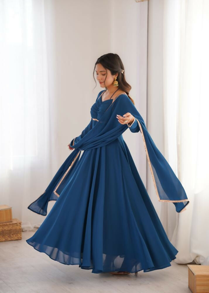 The52 Women's Gorgeous Solid Fox Blooming Georgette Fabric Flared Anarkali and Dupatta Set-Teal Blue | Grocsy
