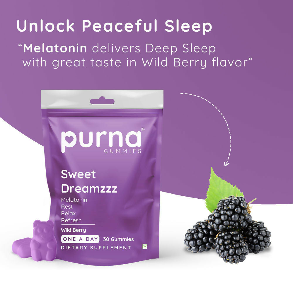 Purna Gummies Melatonin Wild Berry Flavour Gummies for Sleep Well & Reduced Stress | Grocsy