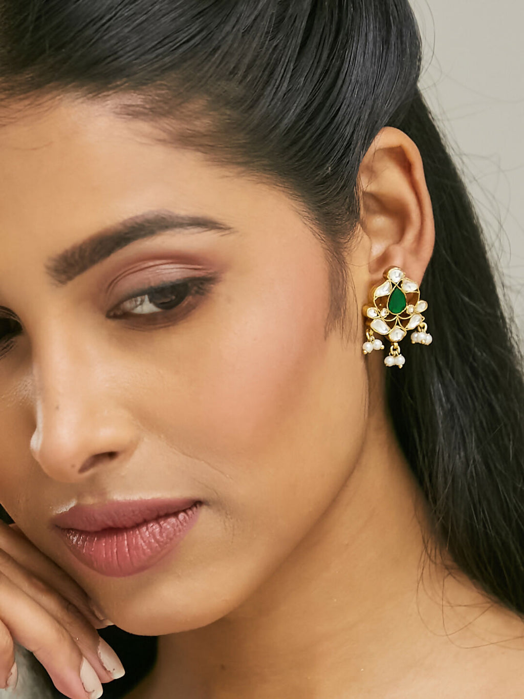 Nuyug 22K Gold-Plated Elegant Kundan & Green Stone Studded Pearl Drops Studs | Grocsy