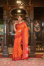 Very Much Indian Handloom Cotton Viscose Ilkal Saree Bright Orange With Red Border | Grocsy