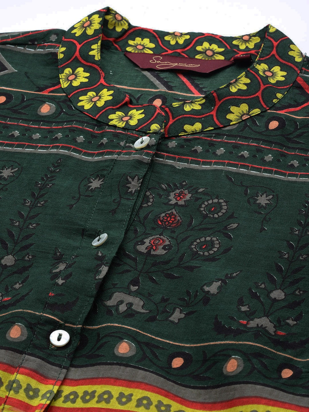 Sangria Women Green & Yellow Pure Cotton Ethnic Motifs Printed A-Line Kurta | Grocsy