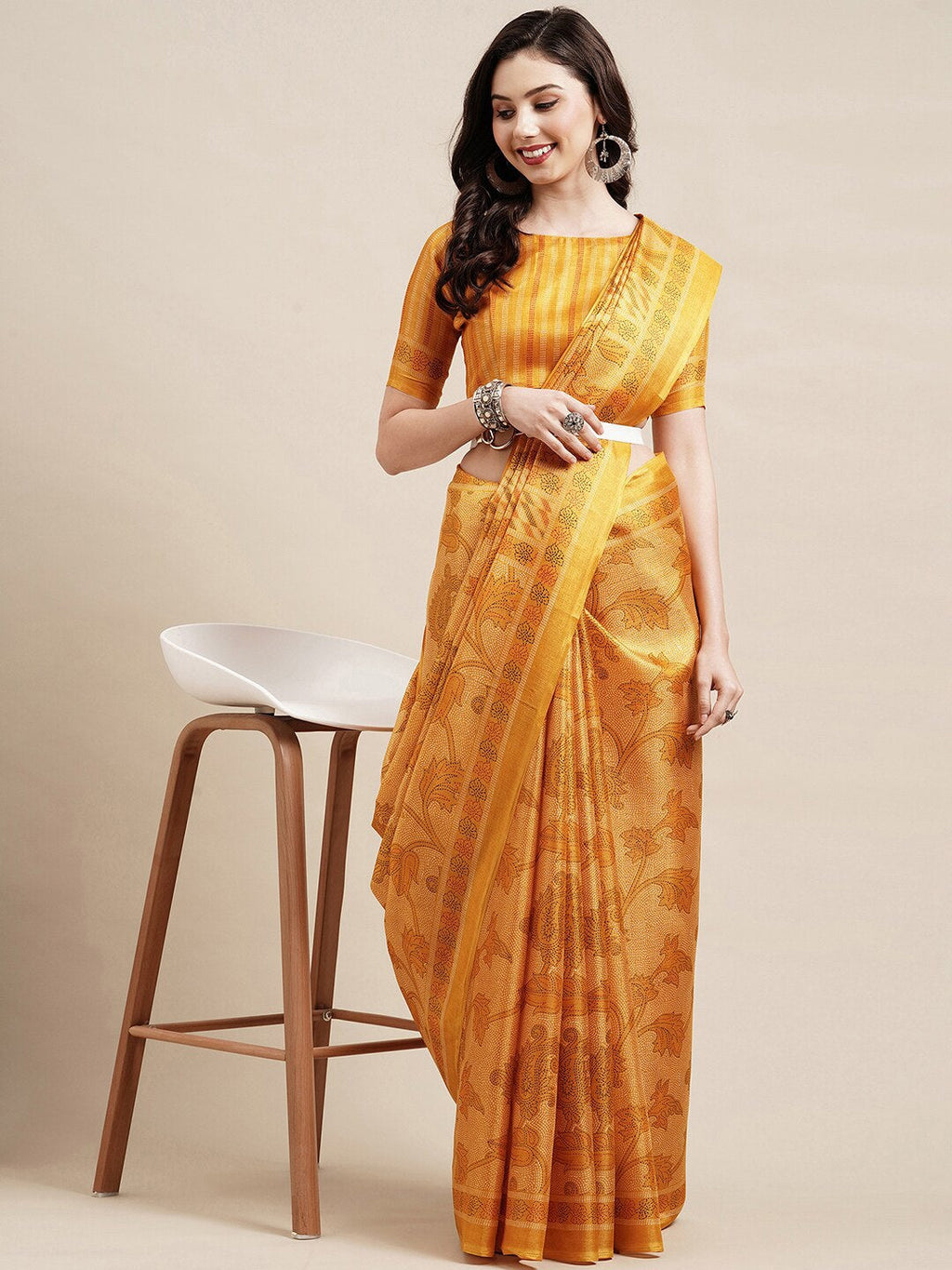 Saree Mall Yellow Floral Printed Bhagalpuri Saree | Grocsy