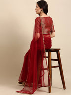 Sangria Maroon Beads and Stones Net Saree | Grocsy