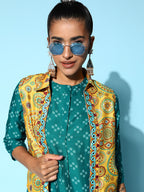 Sangria Printed Kurta Set with Embroidered Ethnic Jacket | Grocsy