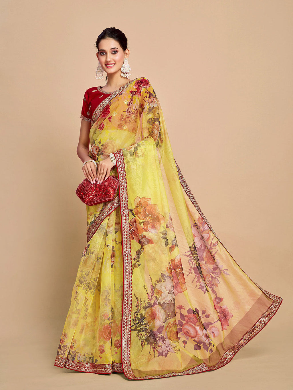 Sangria Floral Printed Embroidered Organza Saree | Grocsy