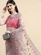 kasee Floral Embroidered Zari Net Saree | Grocsy