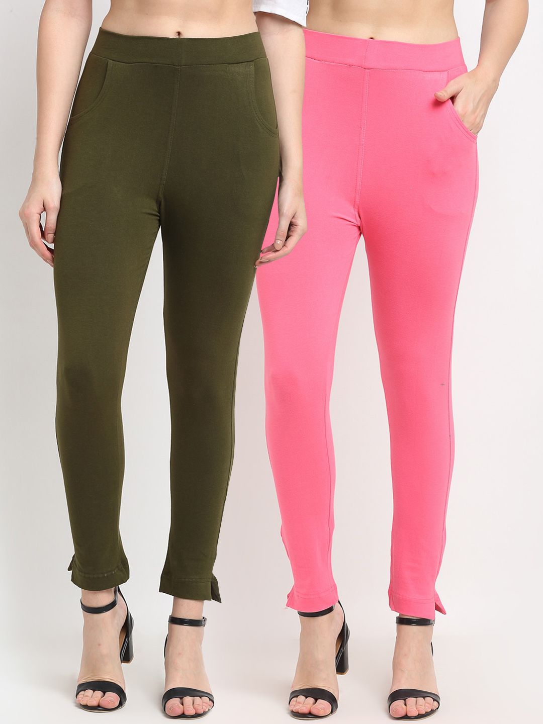 TAG 7 WOMEN Olive Green & Pink Pack of 2 Leggings | Grocsy
