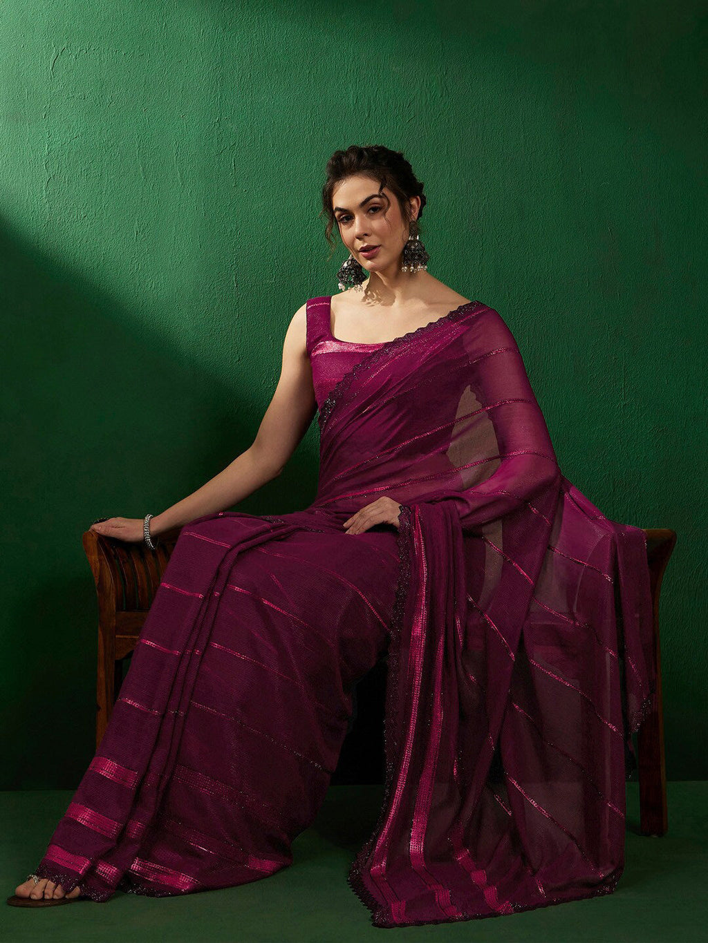Sangria Striped Embellished Pure Georgette Saree | Grocsy