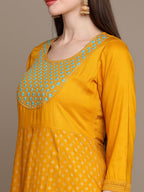 HERE&NOW Ethnic Motifs Embroidered Mirror Work Yoke Anarkali Kurta with Trousers & Dupatta | Grocsy