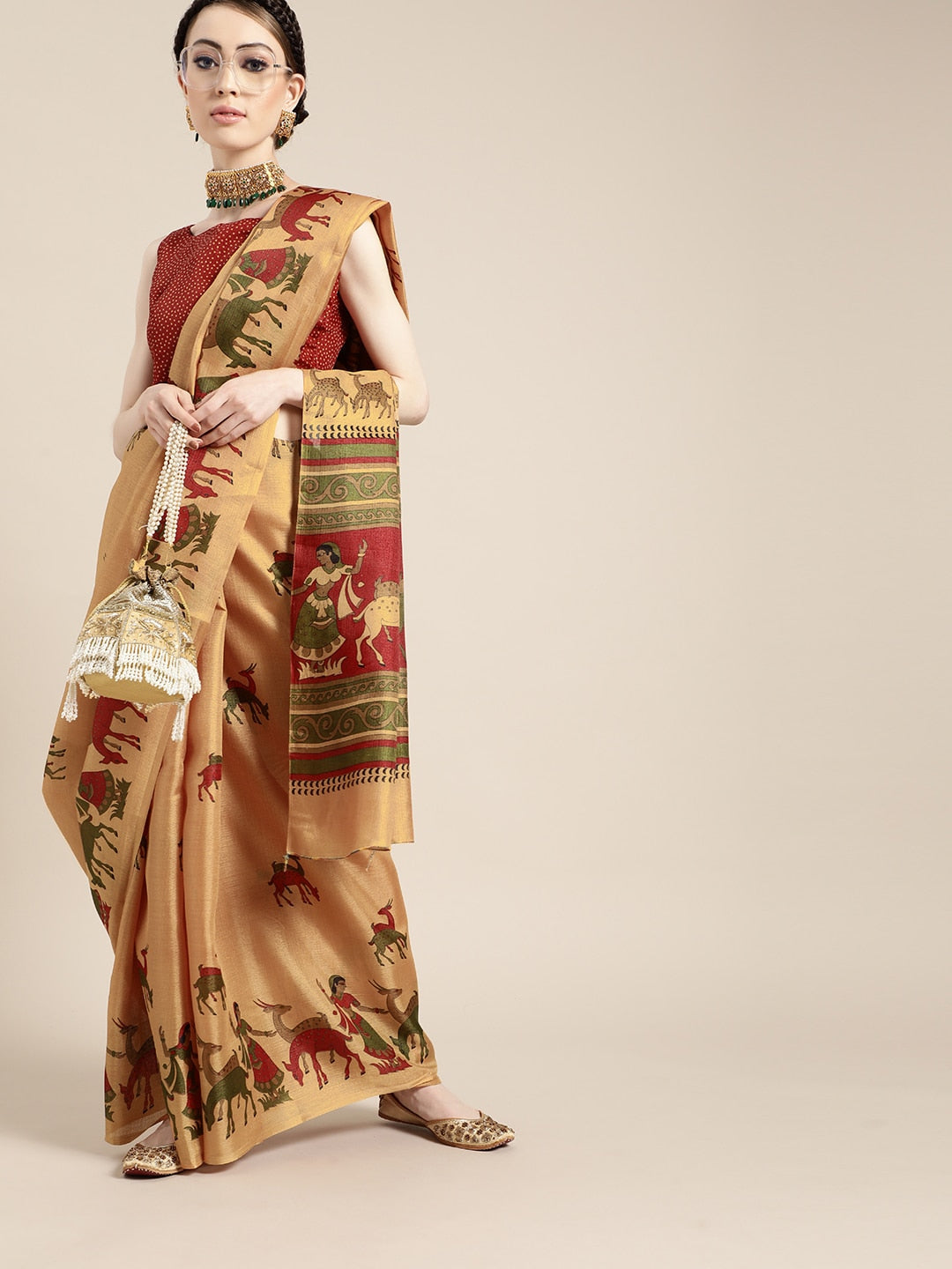 Saree Mall Saree Mall Creamy Mustard and Red Art Silk Saree | Grocsy