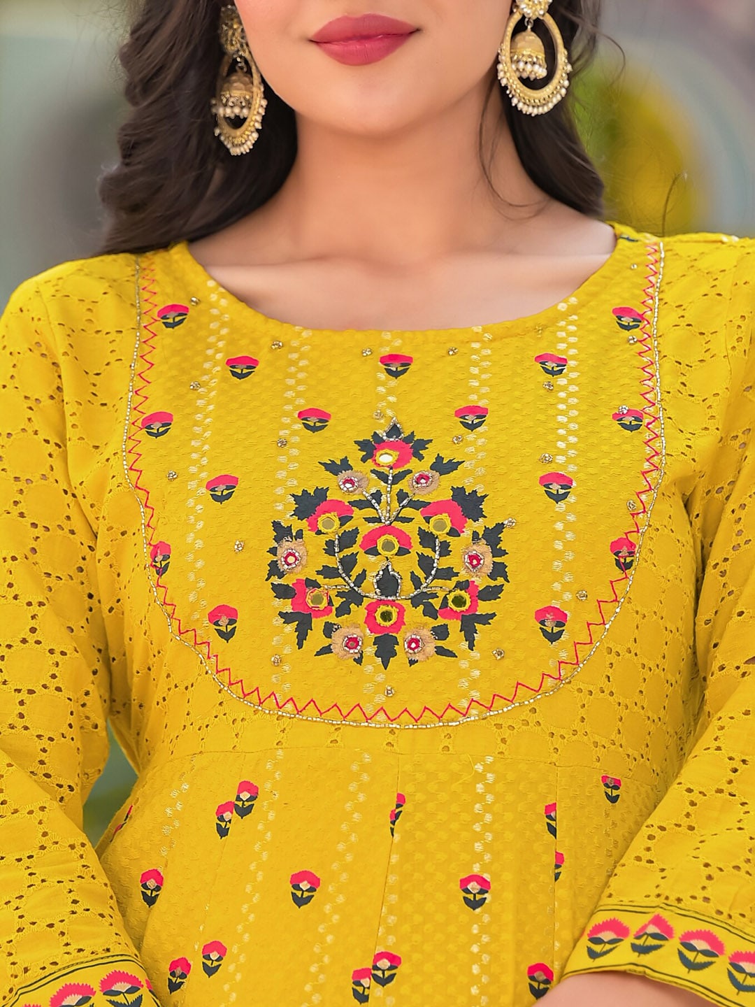 Sangria Yellow Floral Printed & Mirror Work Cotton Anarkali Kurta With Trouser & Dupatta | Grocsy