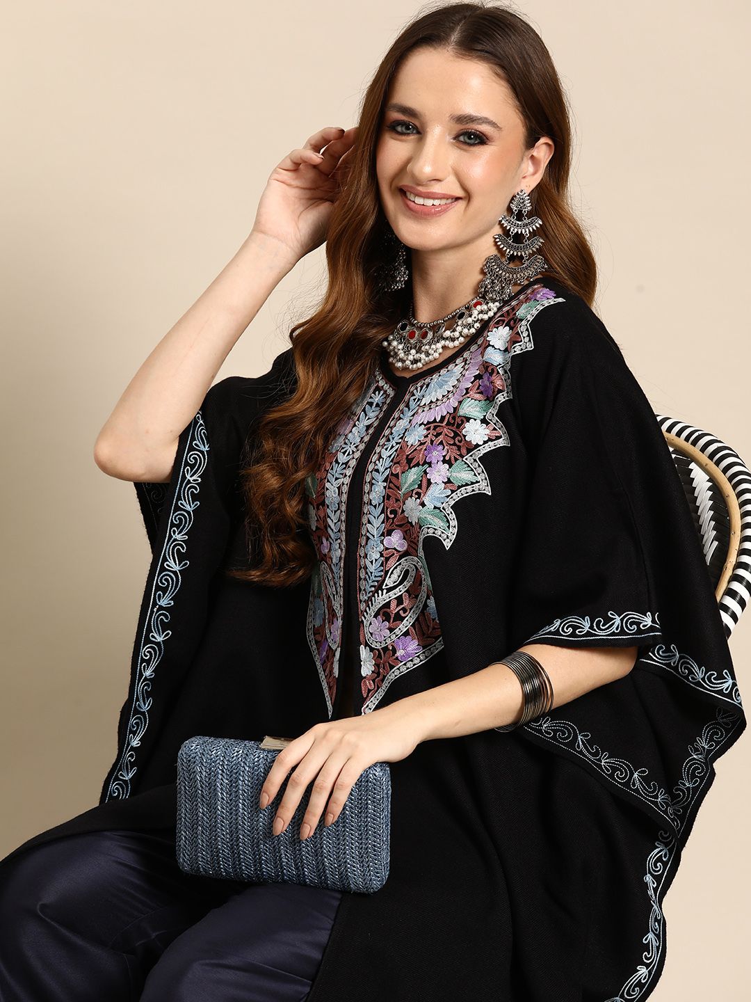 Sangria Women Floral Yoke Design Flared Sleeves Jacquard Kaftan Kurta | Grocsy