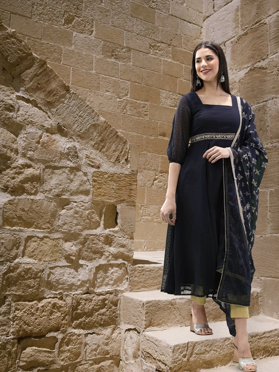 All About You Square Neck Dobby Weave A-Line Kurta With Dupatta | Grocsy