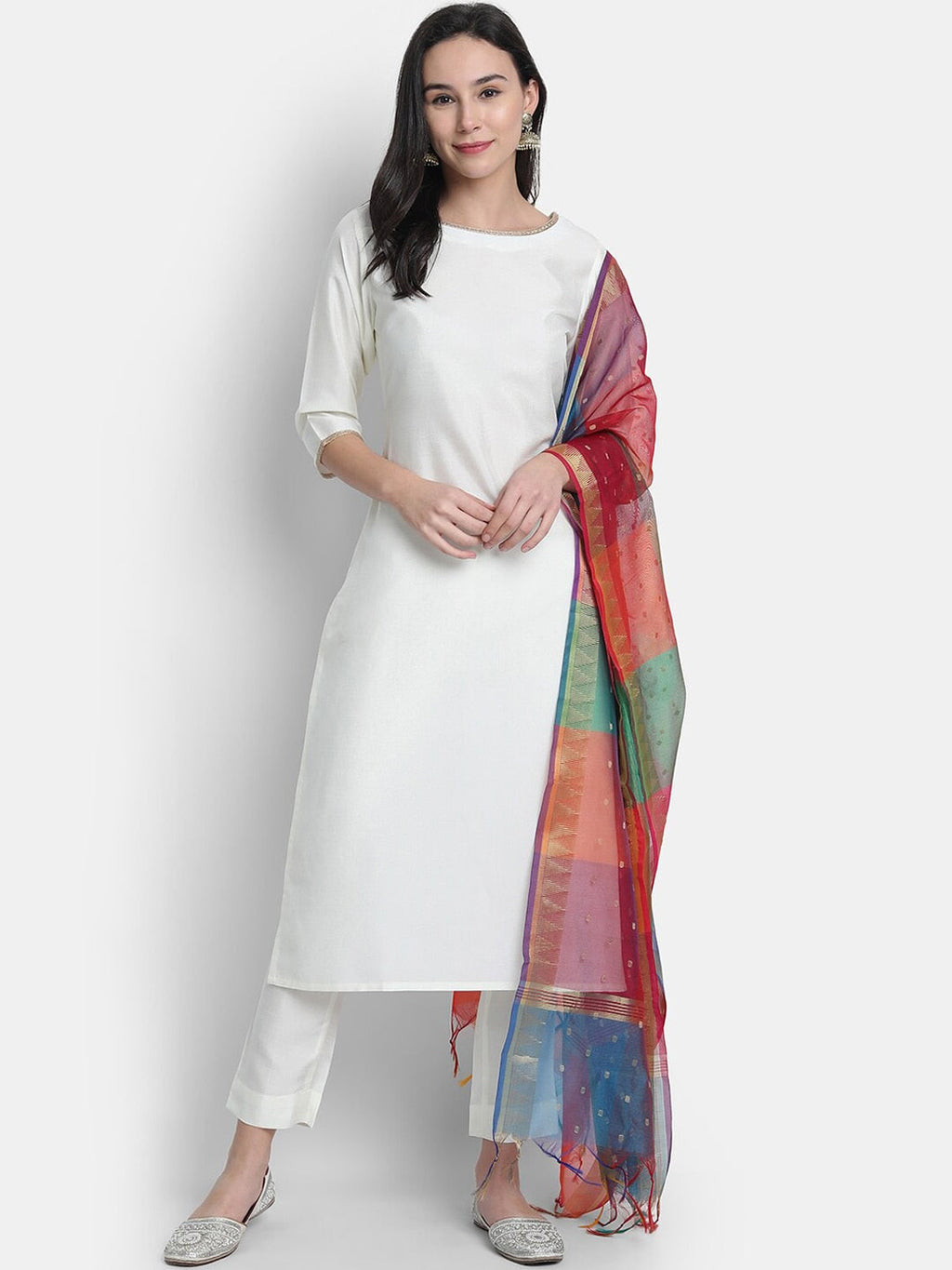 Janasya Women White Solid Kurta with Trousers & Dupatta | Grocsy