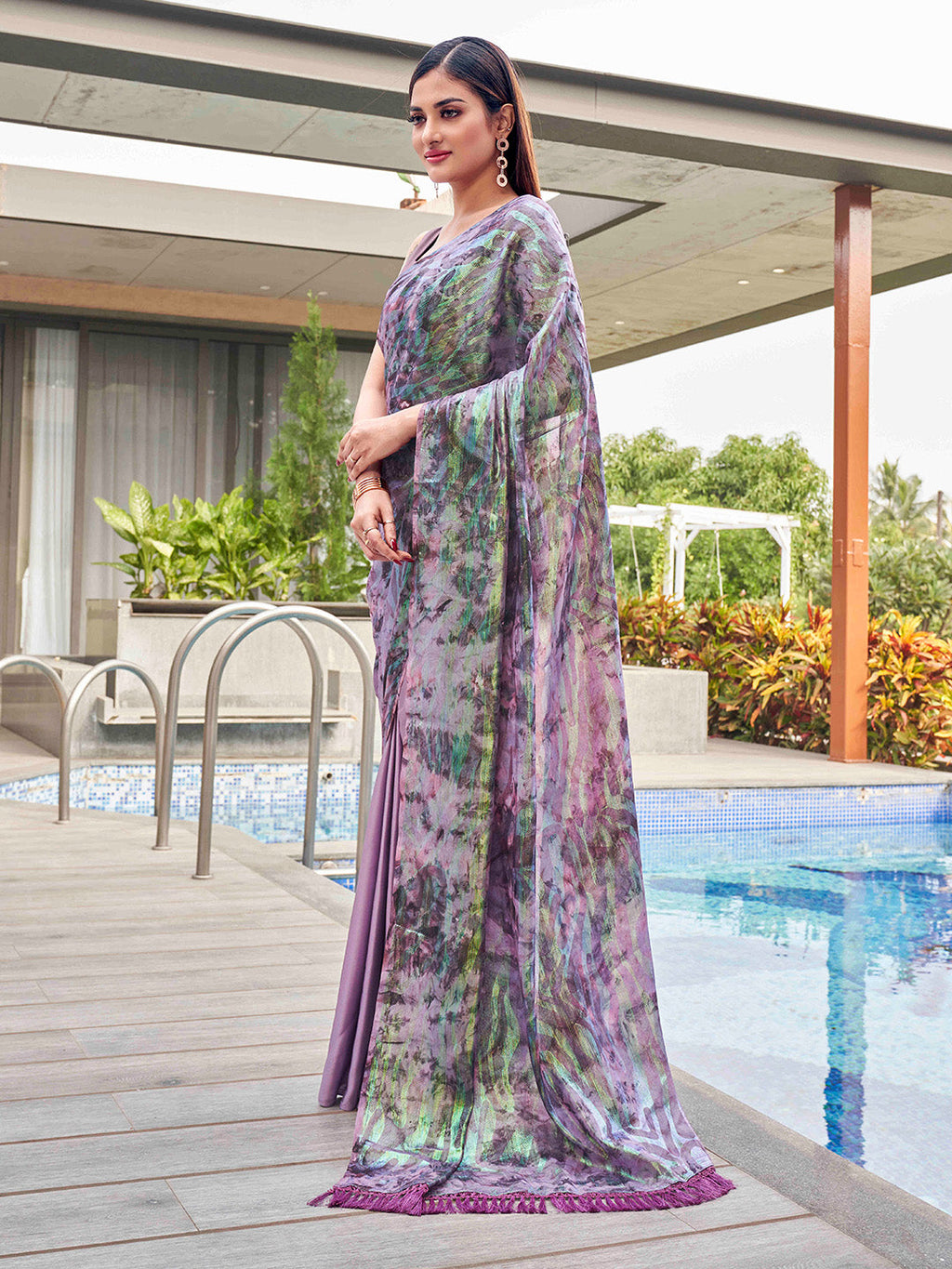 Tikhi Imli Mauve Abstract Printed Satin Half and Half Saree | Grocsy
