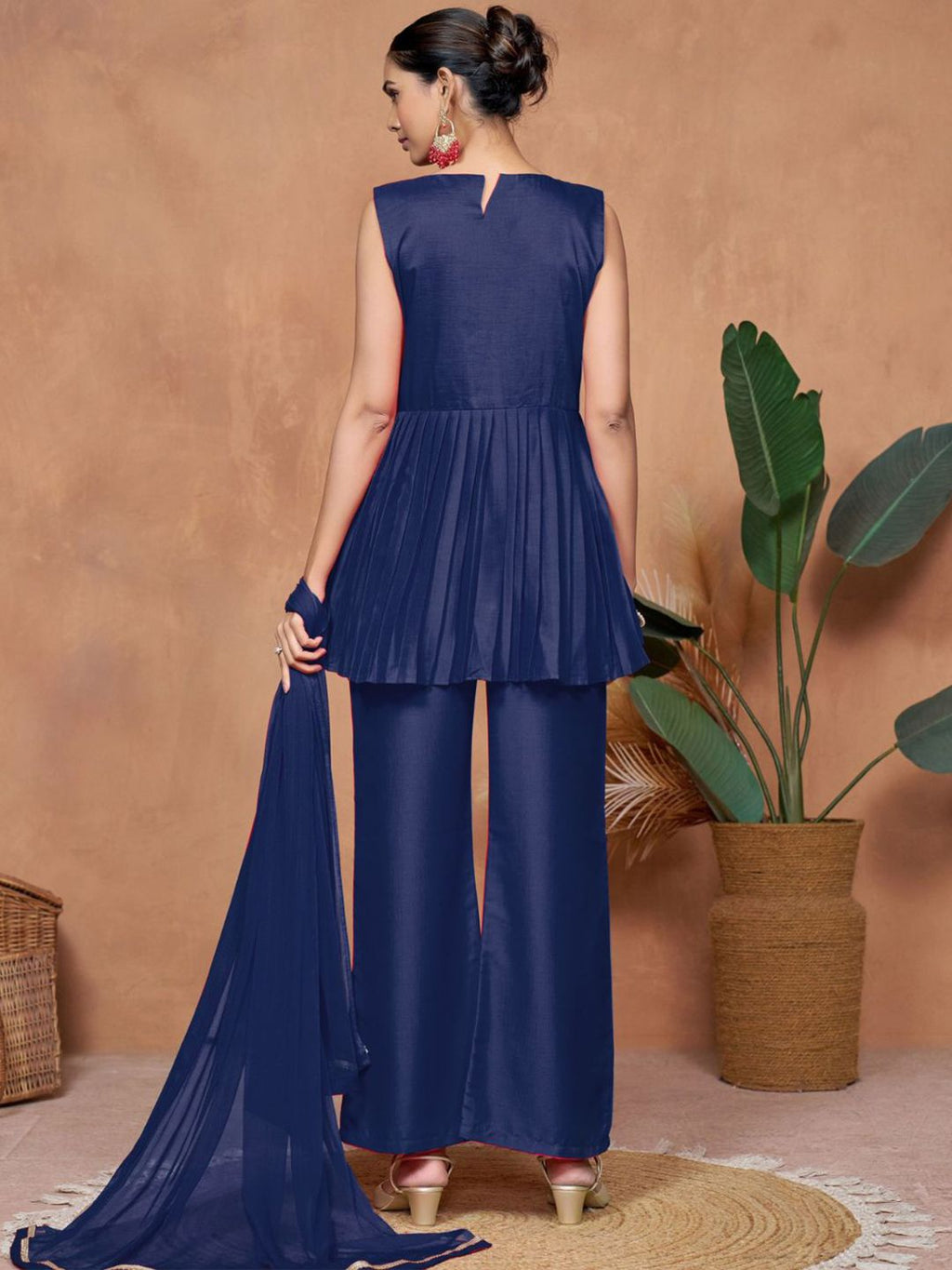 Sangria Chinnon Embroidered A-line Kurta Palazzo With Dupatta Set | Grocsy