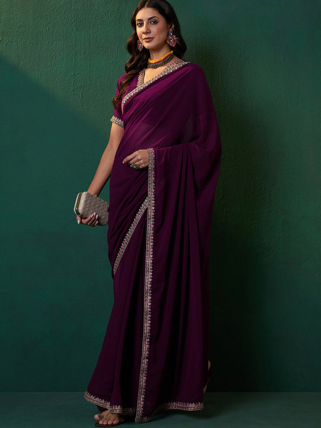 Sangria Embroidered Bordered Sarees | Grocsy