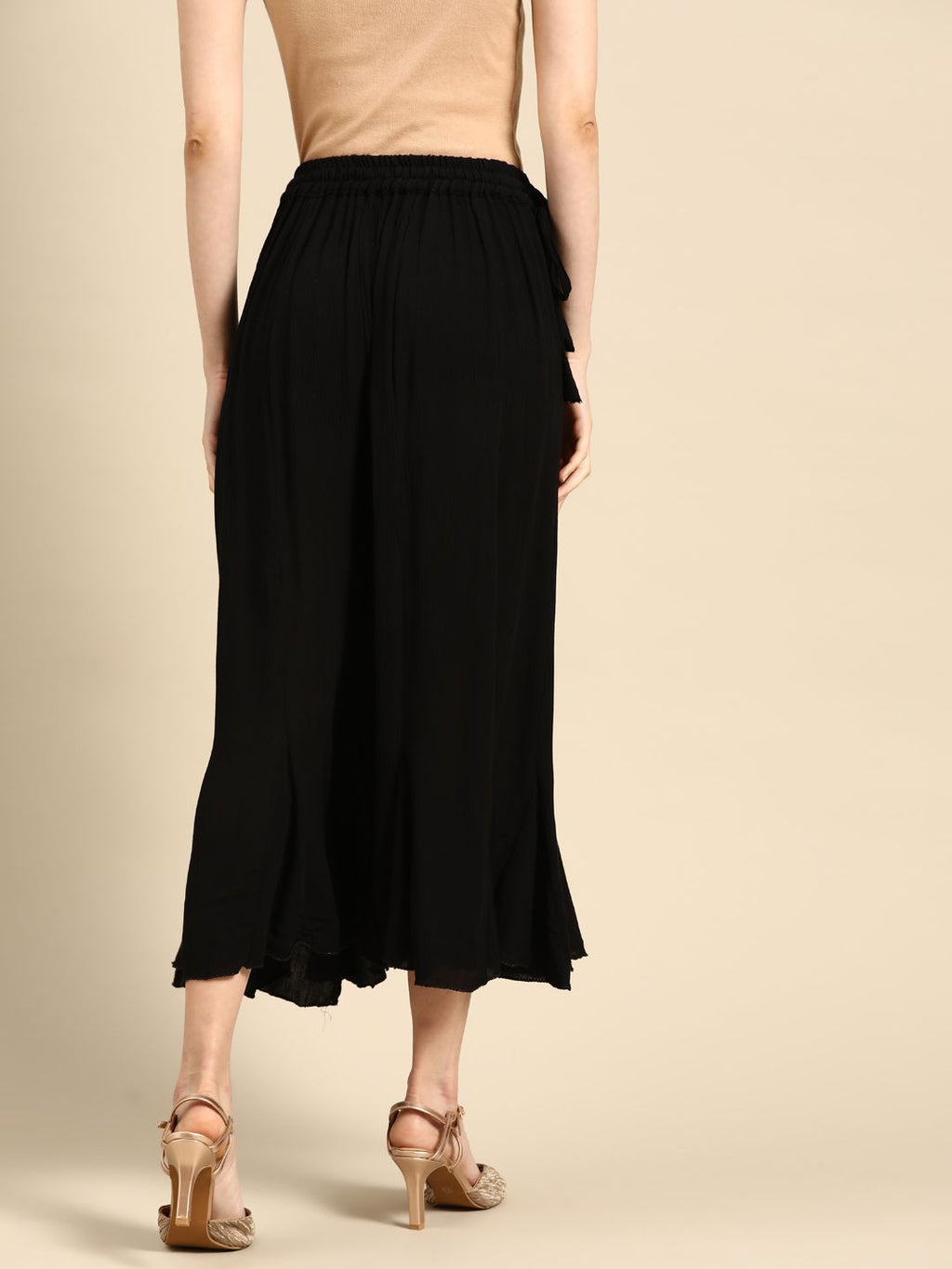 TAG 7 Women Black Solid Flared Cropped Palazzos | Grocsy