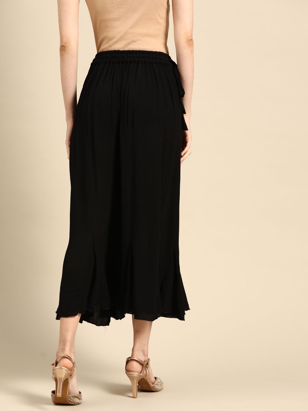 TAG 7 Women Black Solid Flared Cropped Palazzos | Grocsy