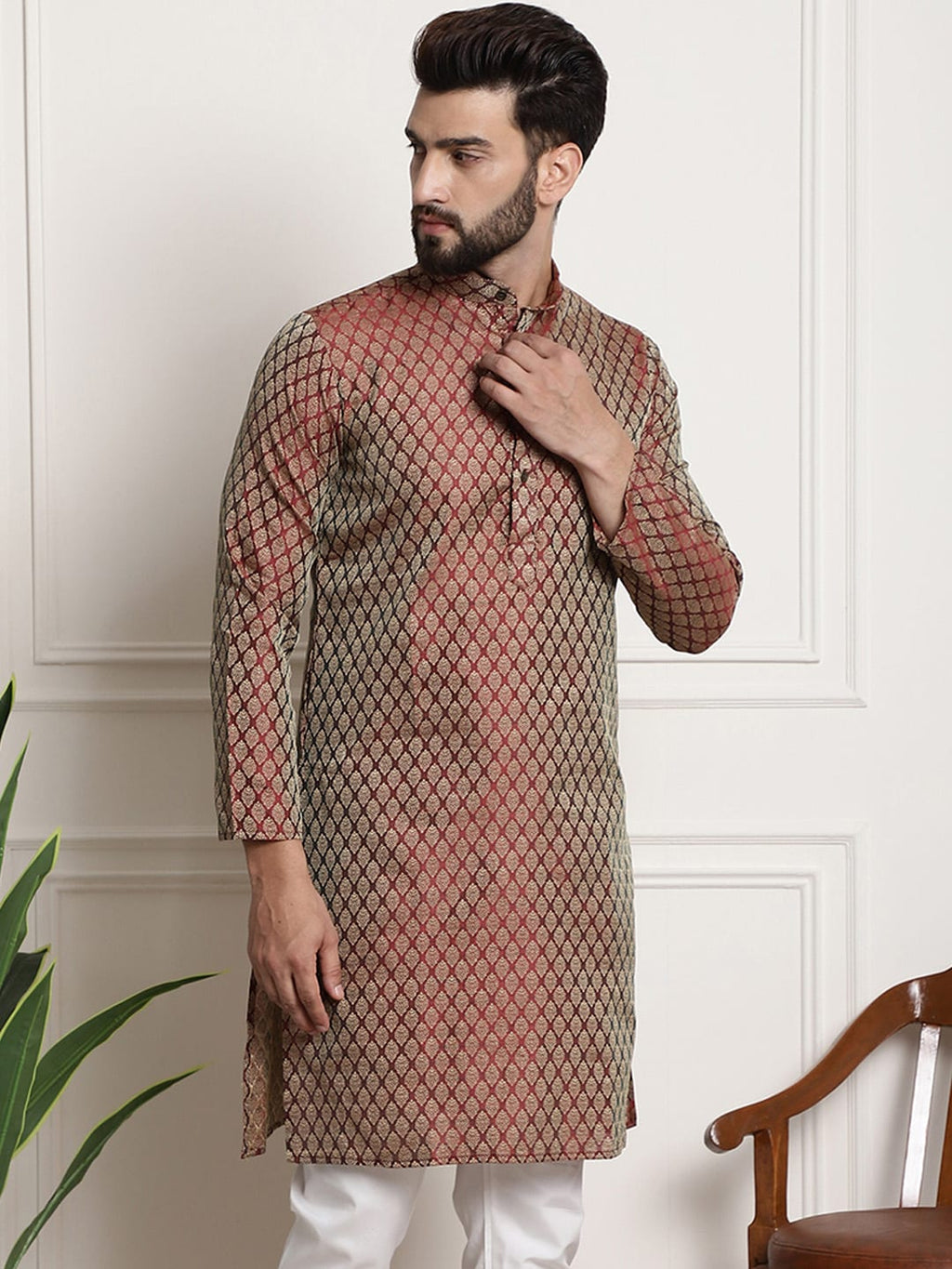 Sojanya Men Maroon & Golden Ethnic Motifs Jacquard Silk Kurta | Grocsy