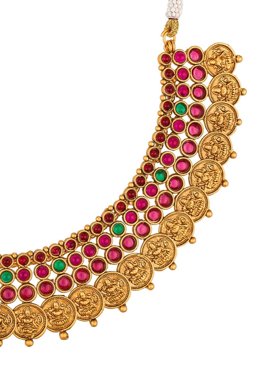 Aadita Gold-Polished & Pink Stone Studded Handcrafted Jewellery Set | Grocsy