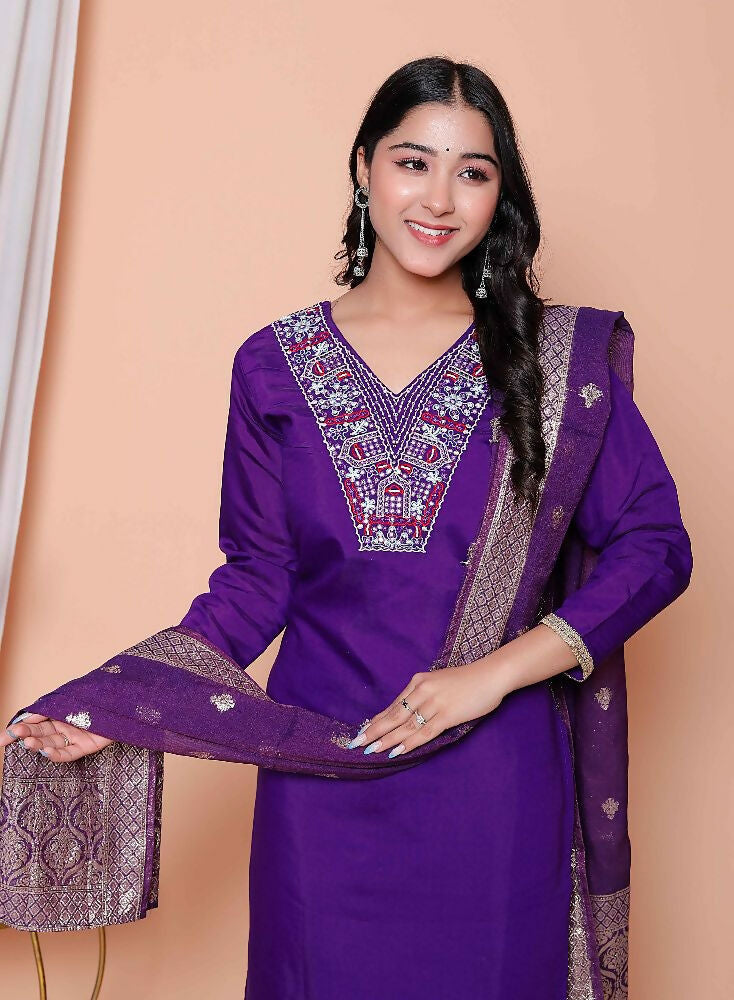 Miravan Womens Purple Muslin Straight Kurta And Palazzo With Dupatta Suit Set | Grocsy