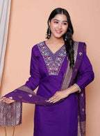 Miravan Womens Purple Muslin Straight Kurta And Palazzo With Dupatta Suit Set | Grocsy