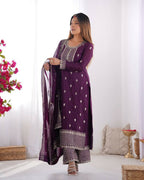 Teeya Creation Wine Color Pure Chinnon Silk Embroidery Work Functional Wear Salwar Suit | Grocsy