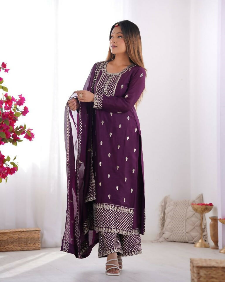 Teeya Creation Wine Color Pure Chinnon Silk Embroidery Work Functional Wear Salwar Suit | Grocsy