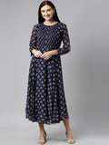 Souchii Blue & Red Ethnic Motifs Printed Chiffon Fit & Flare Midi Dress | Grocsy
