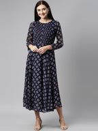 Souchii Blue & Red Ethnic Motifs Printed Chiffon Fit & Flare Midi Dress | Grocsy
