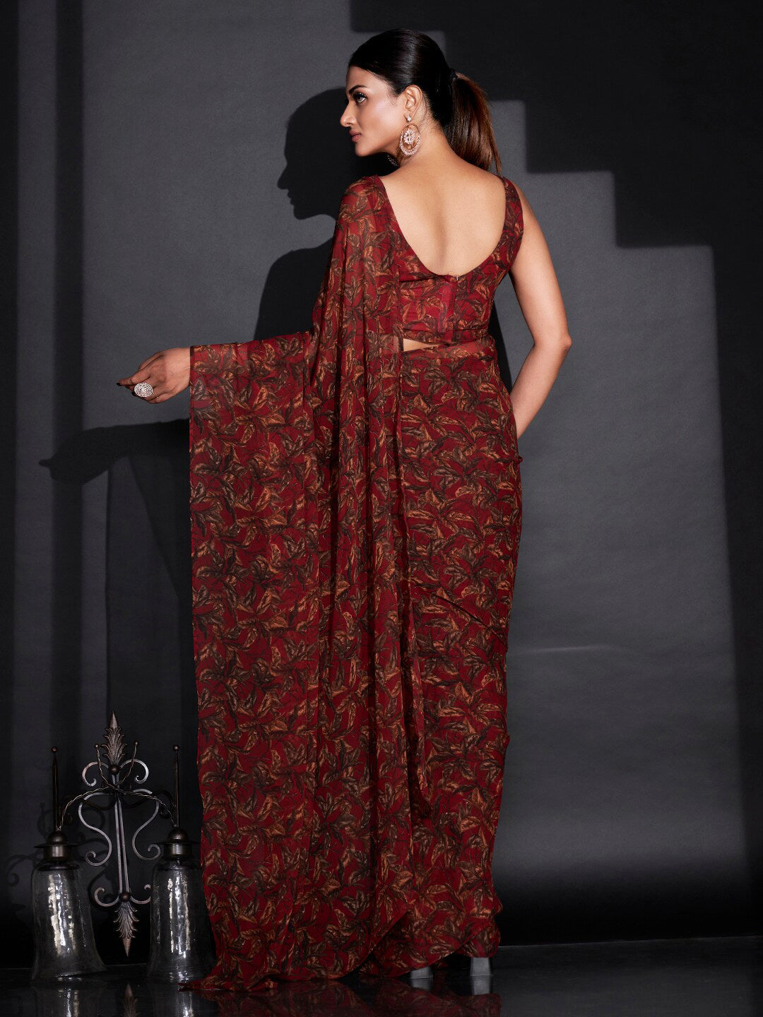 Tikhi Imli Red & Green Floral Printed Poly Georgette Ready To Wear Saree | Grocsy