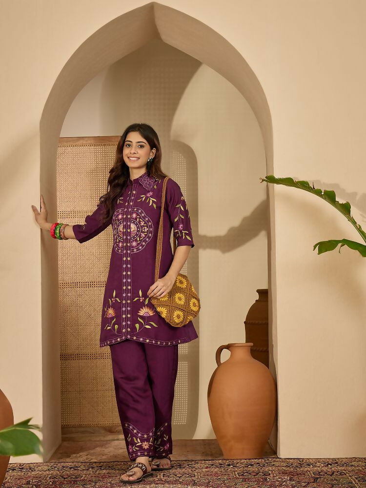 Joban Fashion Women Purple Roman Silk Embroidered Stitched Kurta Set | Grocsy
